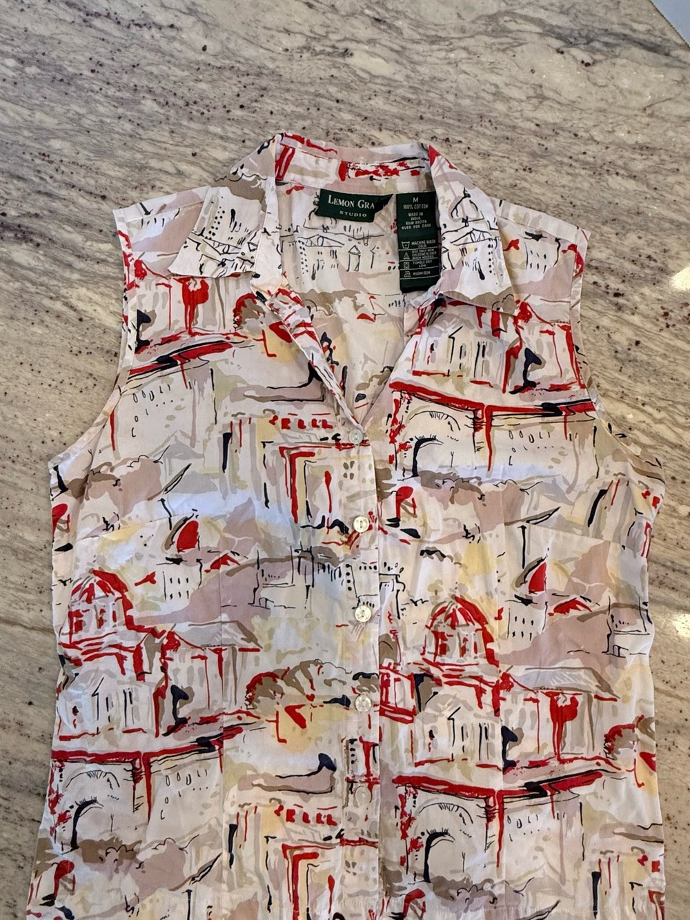 Lemon Grass studio Sleeveless Button-Up Blouse in Cream with Red Accents medium